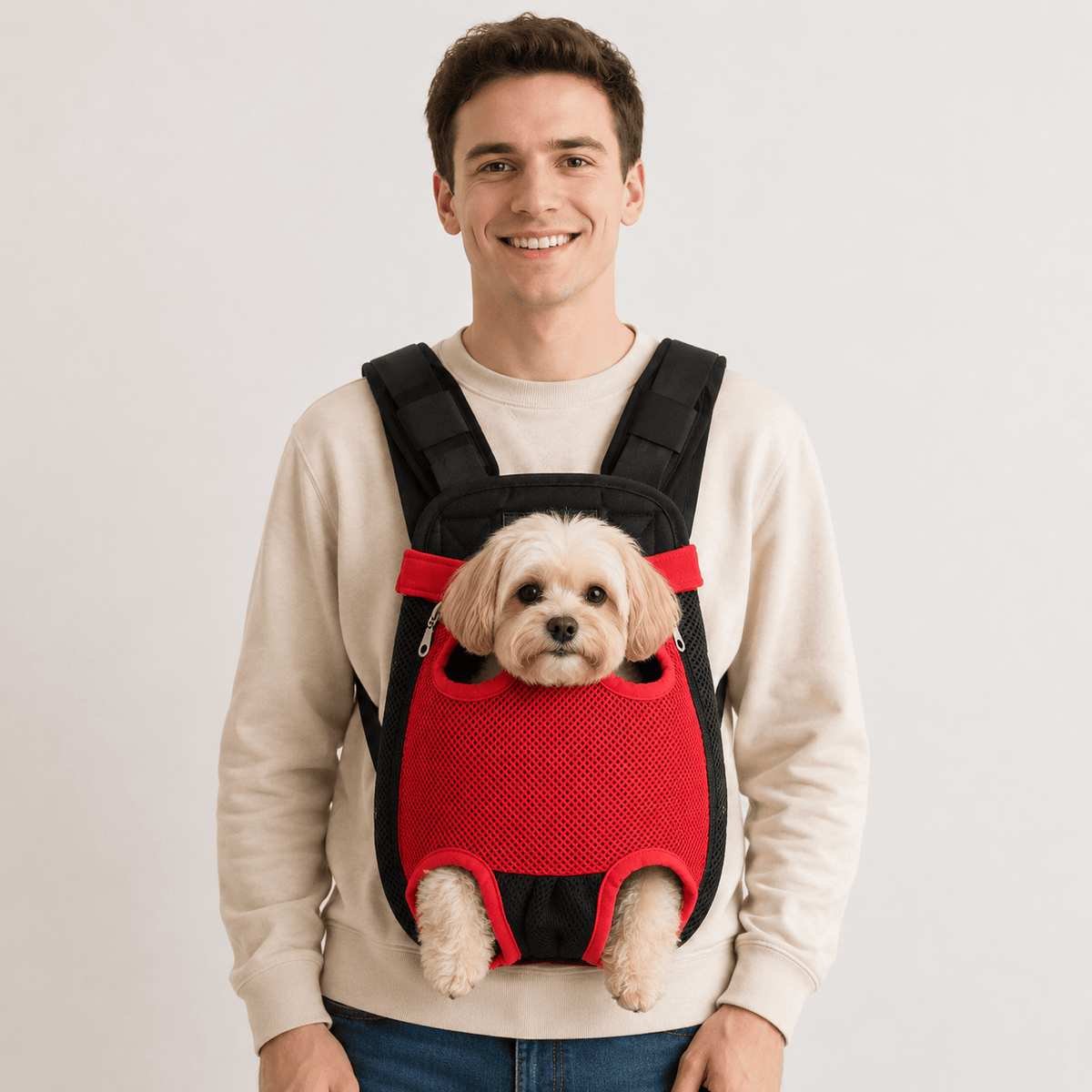 Hiking Camping front facing dog carrier backpack legs out breathable