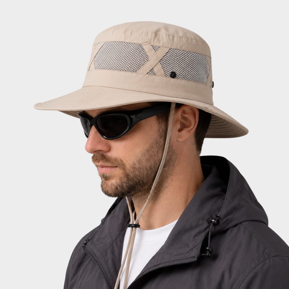 Hiking Camping mens wide brim fishing hat with chin strap