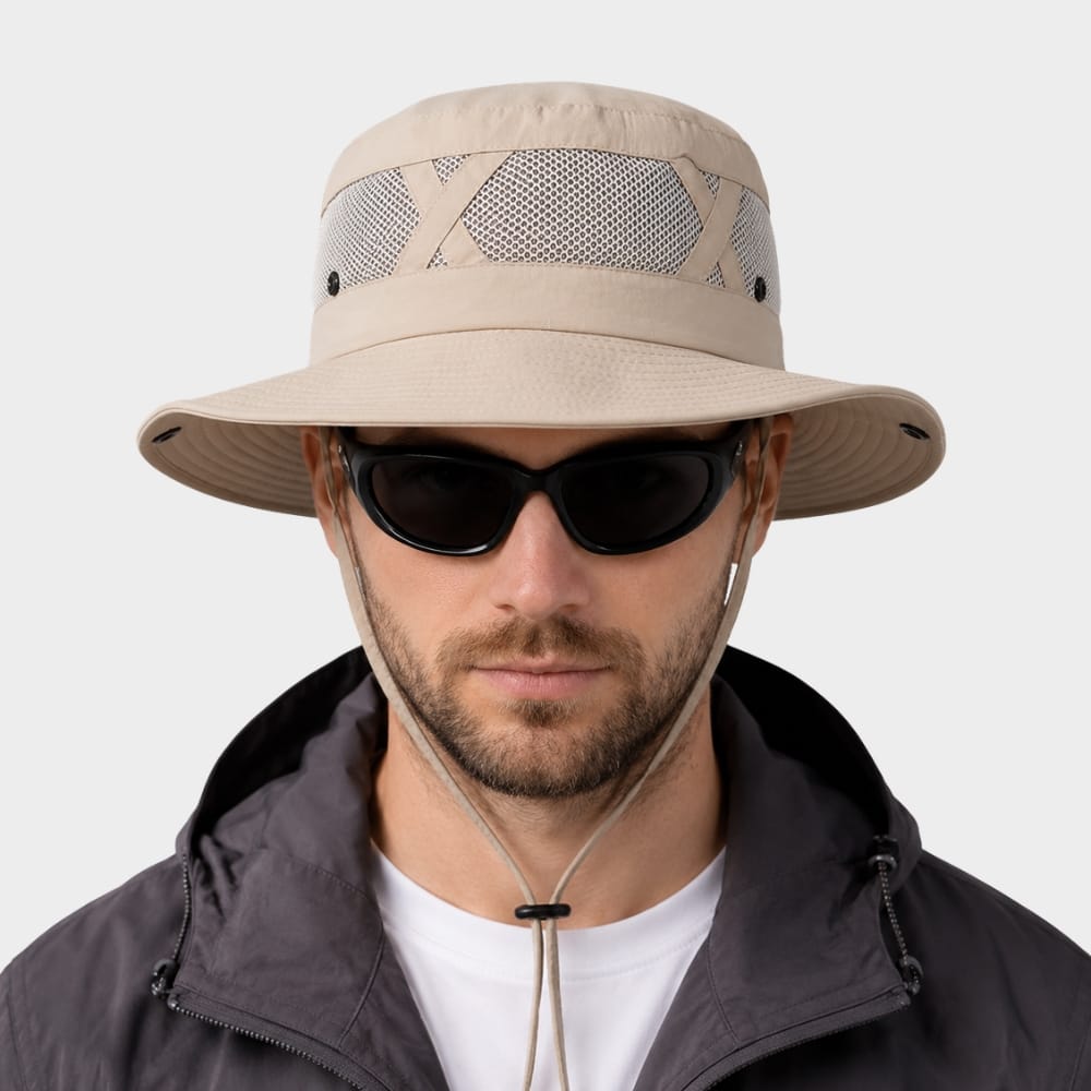 Hiking Camping mens wide brim fishing hat with chin strap