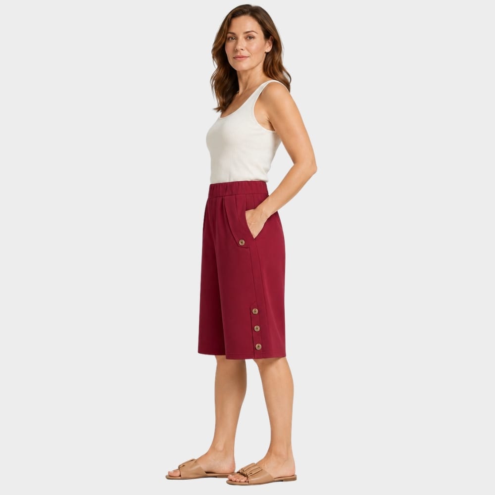 Hiking Camping womens high waist knee length loose shorts with side buttons