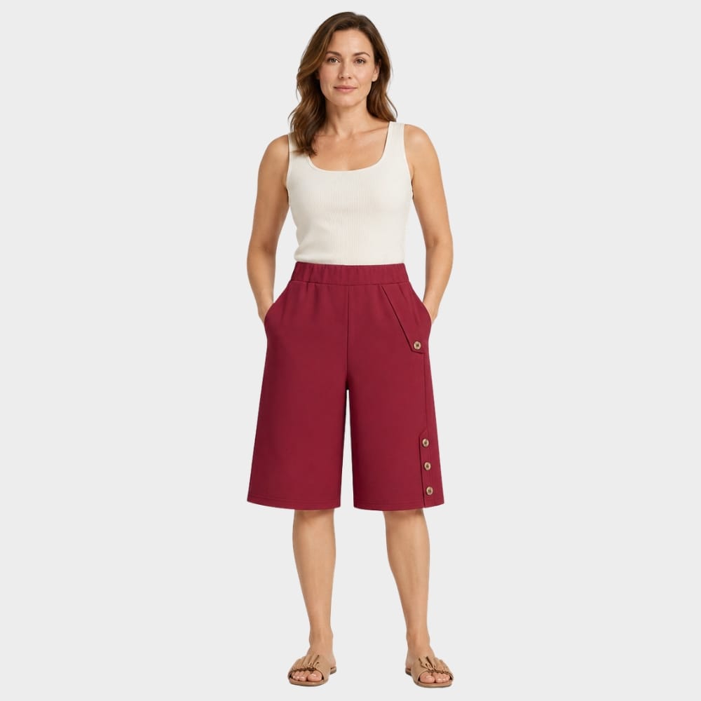 Hiking Camping womens high waist knee length loose shorts with side buttons